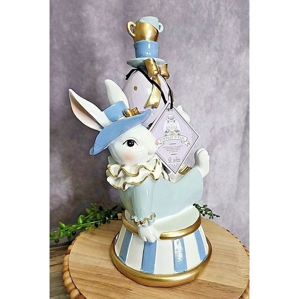 Easter Spring Blue Pastel Mad Hatter Bunny Rabbit Balancing Teacups Figurine 12